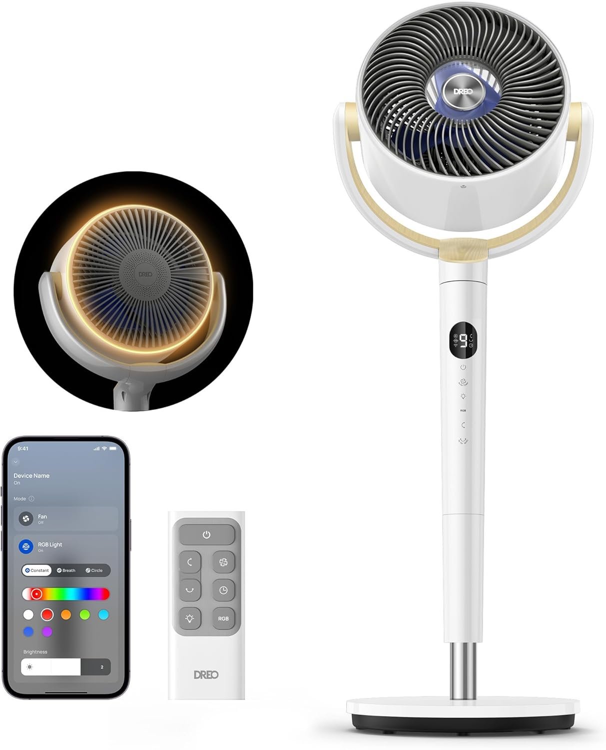 DREO Smart Fan for Bedroom, 120° +120° Omni-Directional Oscillating Fans, 100ft Quiet Pedestal Fan with RGB Light, 9 Speeds, 6 Modes, 20dB, 8H Timer, Wi-Fi/Voice/Alexa, 35-40″ Floor Fans with Remote