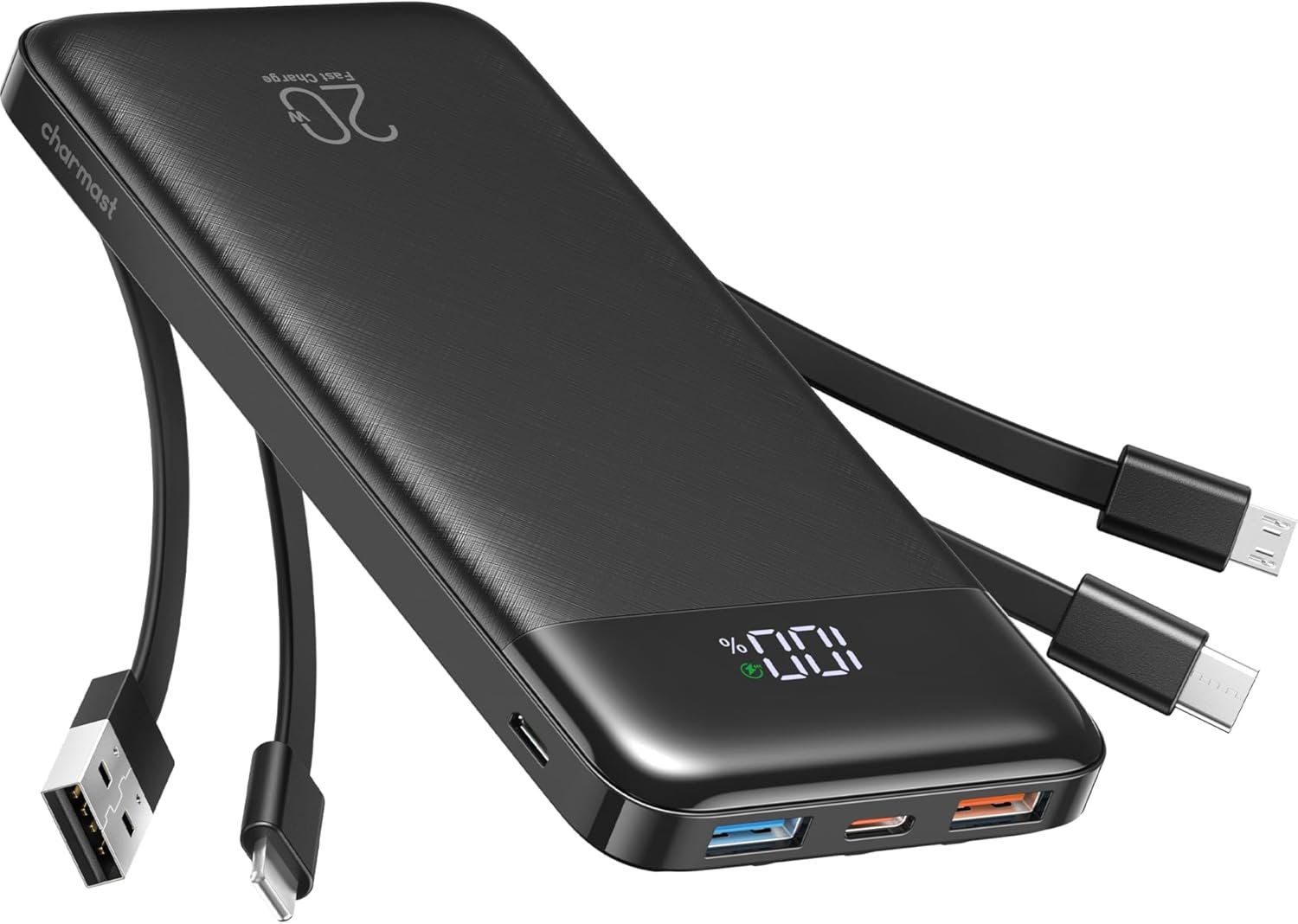 charmast Portable Charger Built-in Cables, 20000mAh Power Bank 6-Output | Travel Fast Charging Battery Pack for iPhone 17/16/15 Samsung Android, Flight-Approved, Multi-Device, USB-C & USB-A, LED %