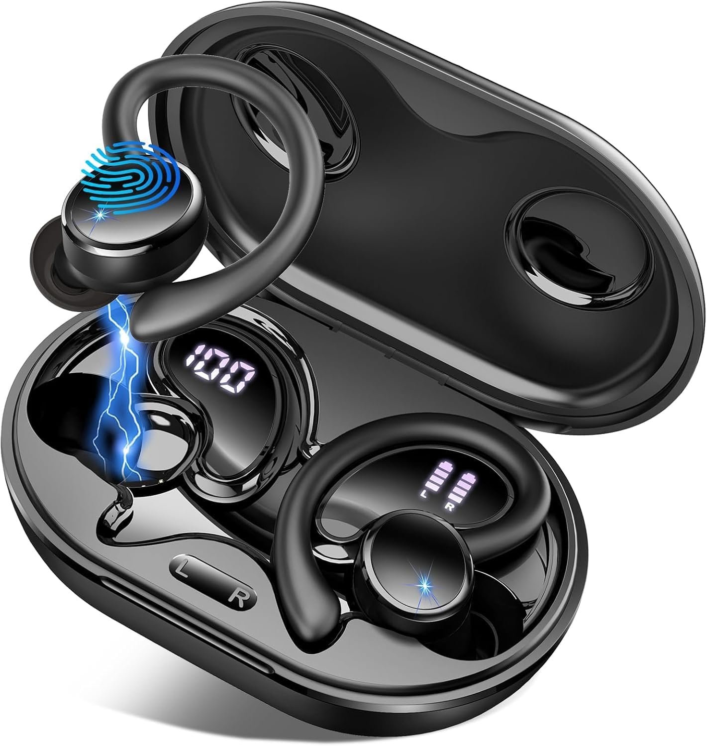 Wireless Earbuds, Bluetooth 5.4 Headphones Sport, 75H Deep Bass Sound Over Ear Buds with 4 ENC Noise Cancelling Mic, Dual LED Display, IP7 Waterproof Earphones with Earhook for Workout/Running/Gym
