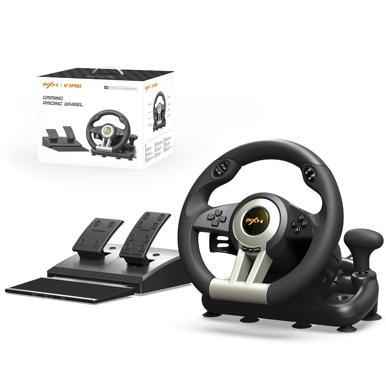 PXN V3 Pro Gaming Steering Wheel with Pedals | Dual Motor Vibration Feedback, Beginner Sim Racing Wheel for PC, PS4, Xbox Series S, Xbox Series X, Xbox One and Switch