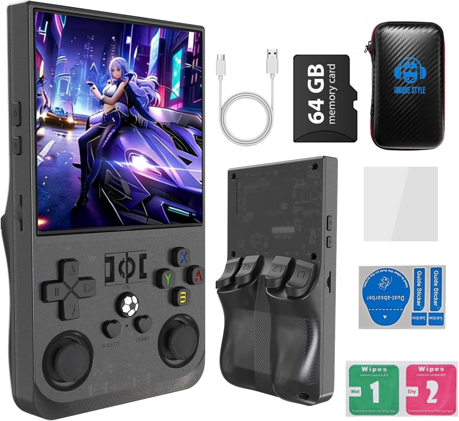 R36MAX 4000mAh Portable Rechargeable Handheld Retro Game Console,Handheld Retro Game Console with 64G TF Car,4.0-inch Screen,Feminine+Masculine Colors Easy Install for Travelers,Black