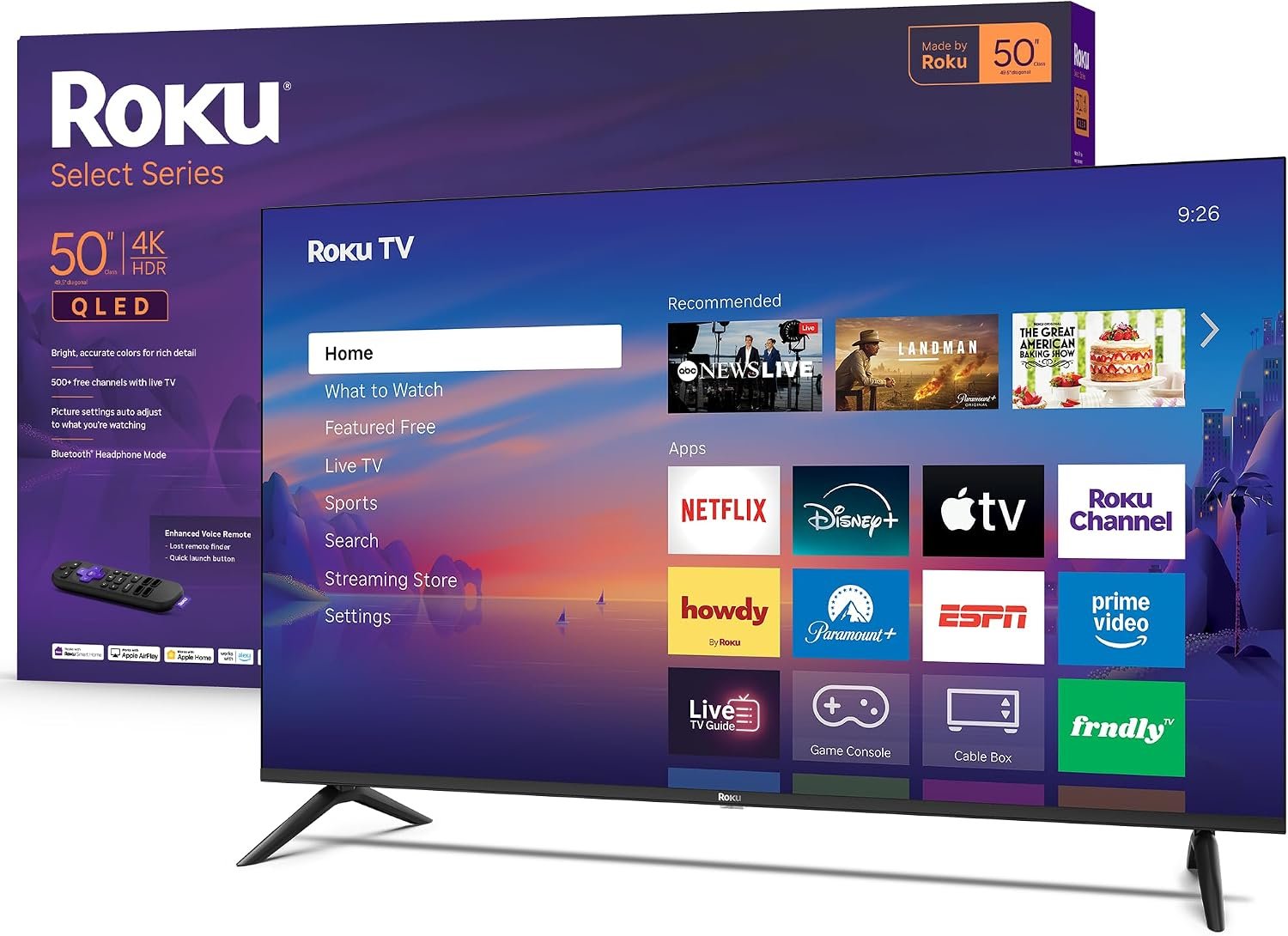 Roku 50-Inch Smart TV 2026 – Select Series, 4K QLED TV TV | Flat Screen QLED Television with Voice Remote, Wi-Fi & Bluetooth Headphone Mode – Streaming Live Local News, Sports, & Movies