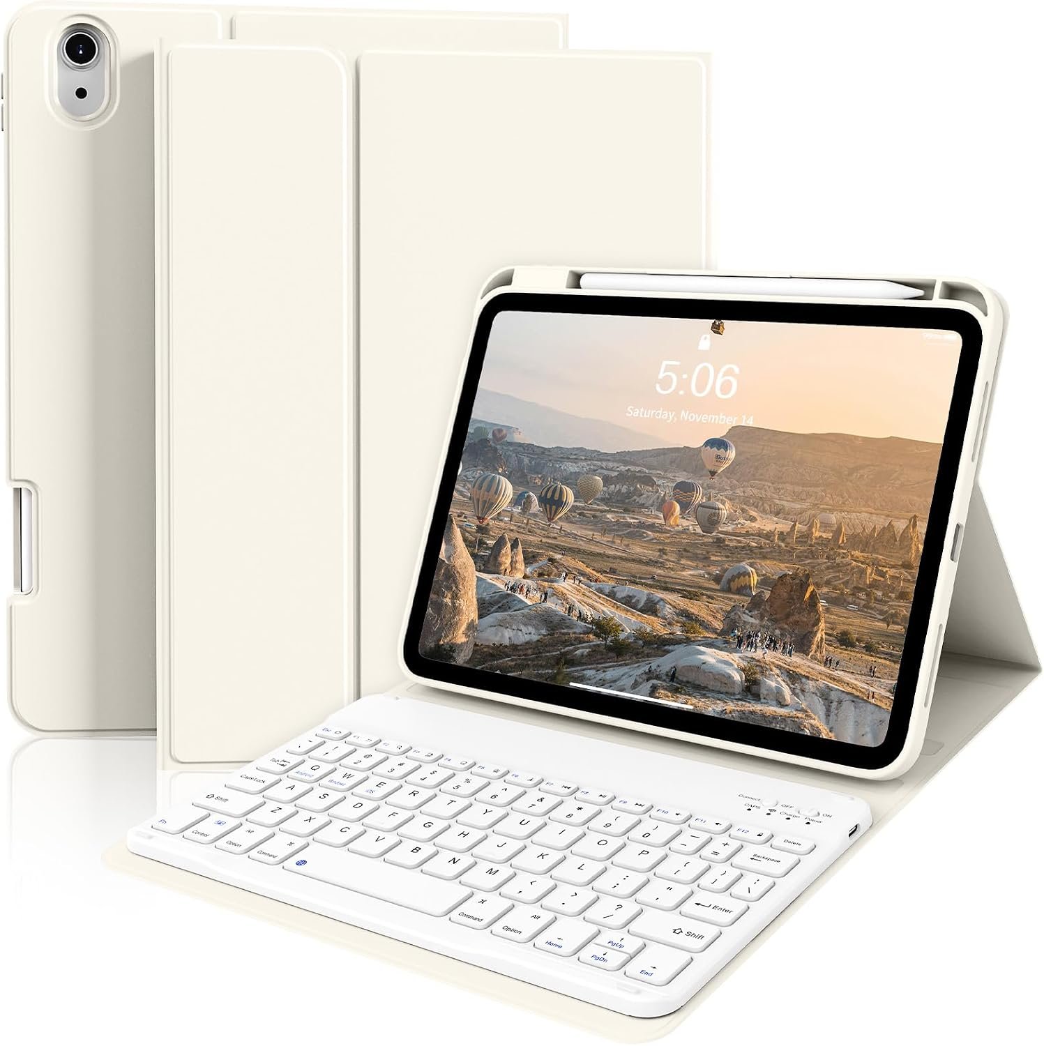 JKSML for iPad(A16) 11th/10th Generation Case with Keyboard (11/10.9 inch) | 2025/2022, Square Key, Wireless Detachable Bluetooth Keyboard Cover, Flip Stand Case Thin with Pencil Holder, White