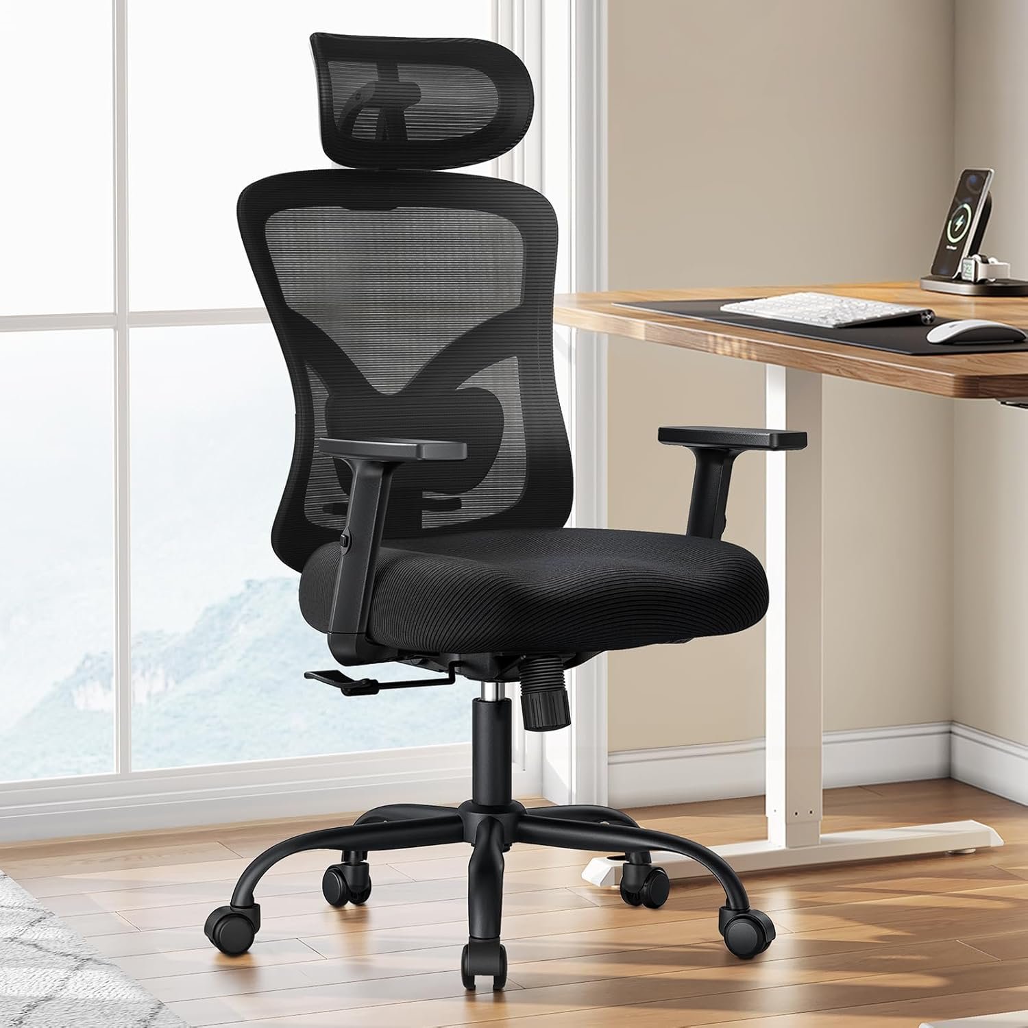Marsail Ergonomic Mesh Office Chair with Padded Lumbar Support, 2D Headrest, Adjustable Armrests, 130° Rocking Tilt, Contoured Seat Cushion, Computer Desk Chair with Wheels for Home and Office | Adjustable armrests, contoured seat cushion, breathable design, smooth-rolling wheels, reclining function, height adjustment
