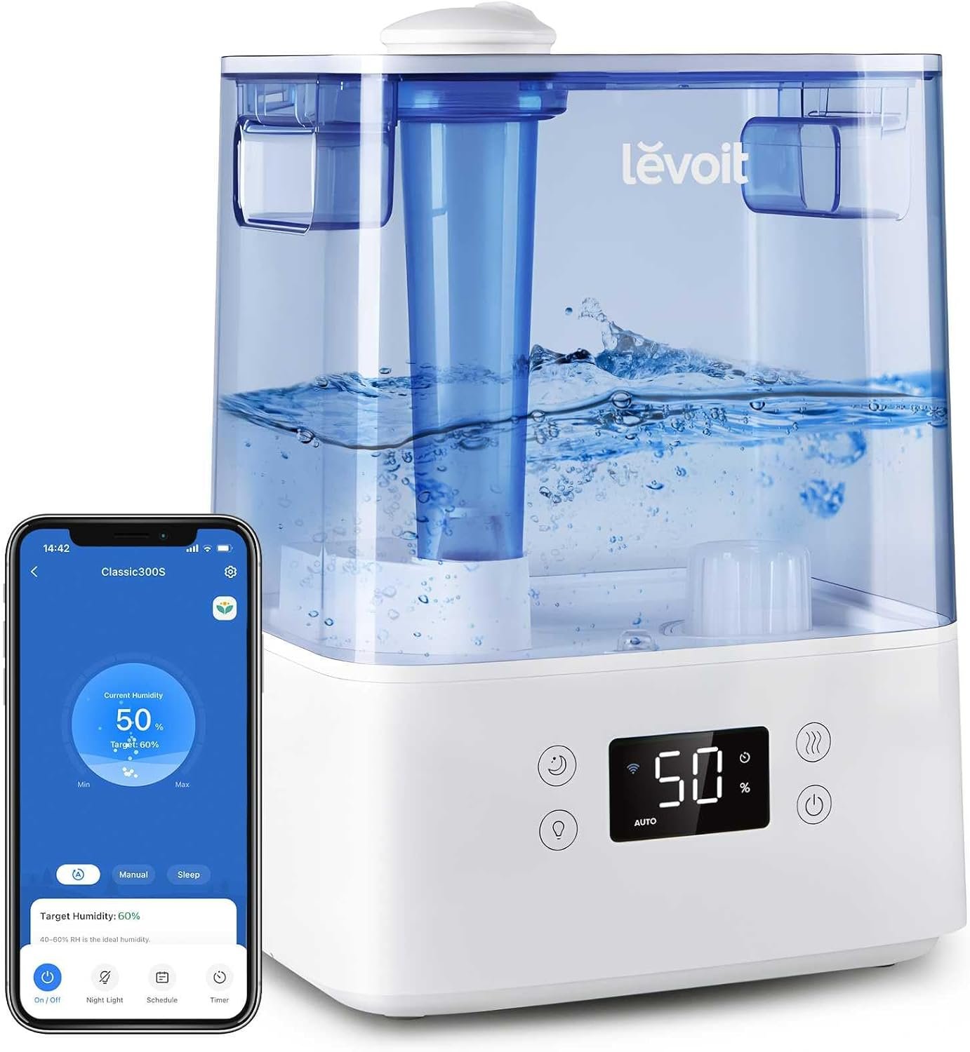 Levoit Classic300S Ultrasonic Smart Top Fill Humidifier, Large 6L Tank, 60H | APP & Voice Control, Essential Oil Diffuser, Humidity Setting with Sensor, Quiet Sleep Mode, Night Light