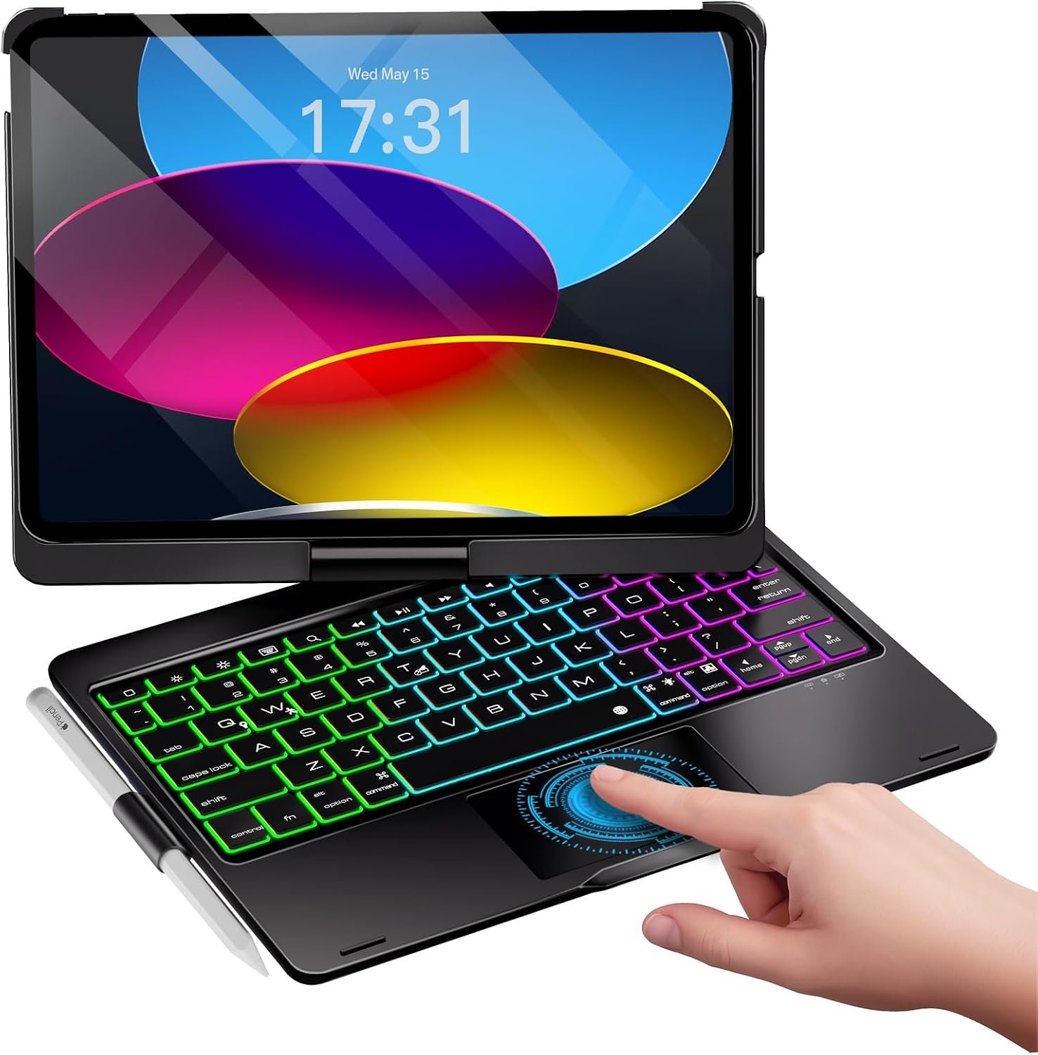 Baisla for iPad (A16) 11th/10th Gen Case with Keyboard, 360 Rotating, Trackpad Keyboard for iPad Air 11 (M4/M3/M2)&iPad Air 5th/4th/Pro 11 4th/3rd/2nd/1st, Rainbow Backlit with Pencil Holder – Black