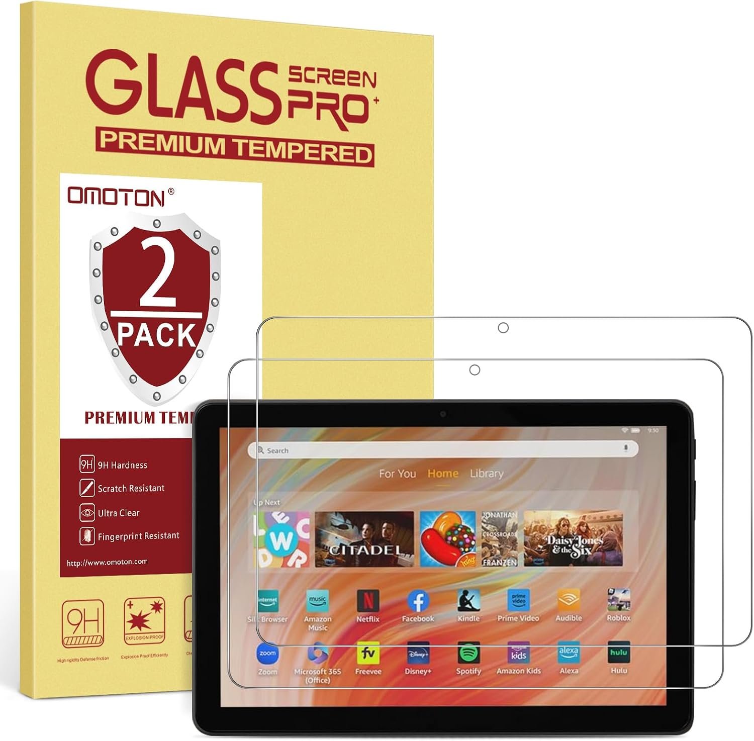 OMOTON 2 Pack Screen Protector for Amazon Fire HD 10 Tablet (13th/11th Generation, 2023/2021 Released)/Fire HD 10 Plus/10 Kids/Kids Pro All-New 10.1 Inch Tablet, Easy Installation