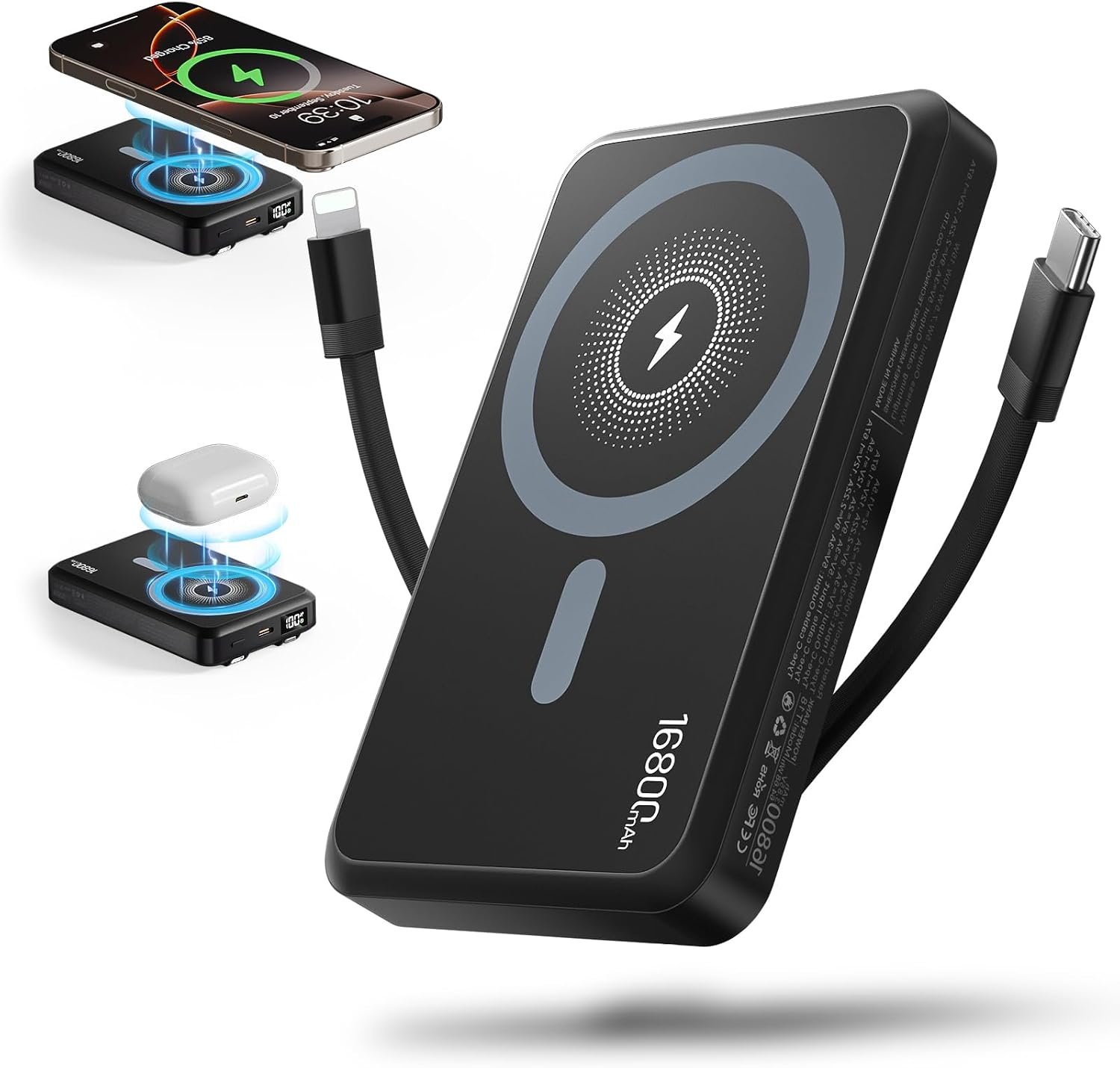 Tryetas 2026 Magnetic Wireless Power Bank, 16800mAh Portable Charger with 2 Built in Cables, LED Display Magnetic Battery Pack Travel Essentials for iPhone 17/16/15/14/13/12/Pro/Mini/Pro Max Andriod