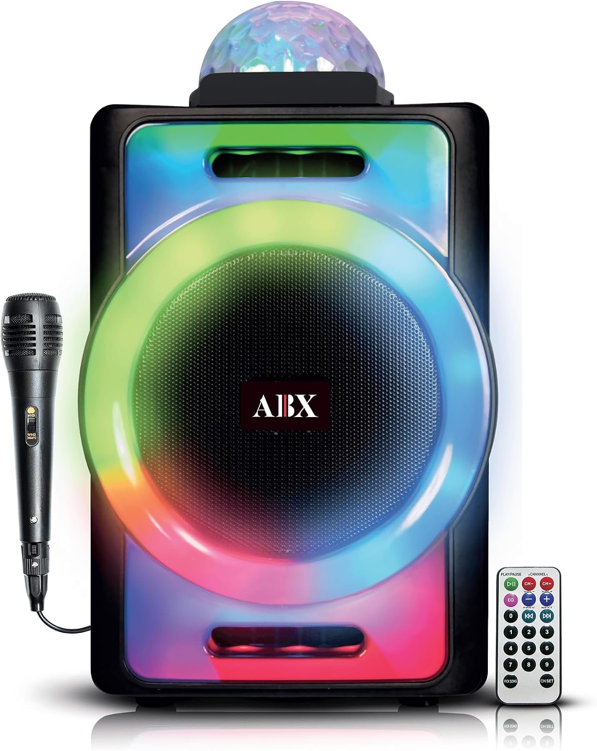 AudioBox ABX-890R 8″ Portable Party Bluetooth Speaker with 360° LED Disco Lights, Wired Microphone, USB, AUX & WaveSync Technology (TWS)