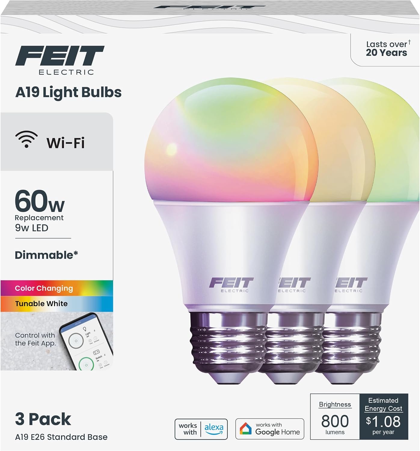Feit Electric Smart Light Bulbs, A19 RGBW Color Changing – 60W Eq – 3 Pack