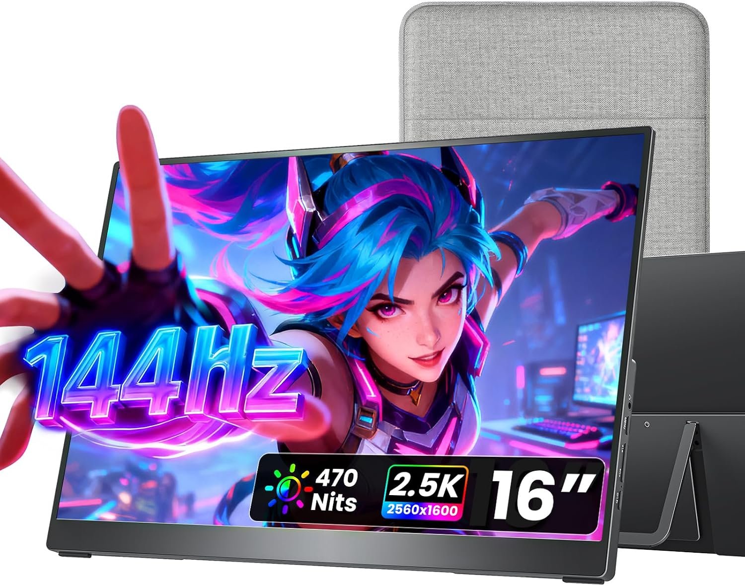 cocopar Portable Monitor 16 Inch 2.5K QHD 110% sRGB 144Hz USB-C, 120Hz HDMI, Travel Monitor with Speaker Second Screen for Laptop MacBook Surface PC Xbox PS4/5, VESA Mountable, with Kickstand