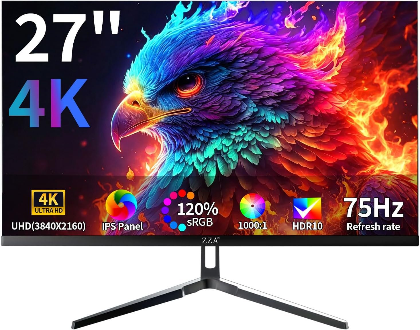 ZZA 27 inch 4K UHD Monitor,75Hz Refresh Rate,HDR10,HDMI 2.0×2/DP 1.2×2,Compatible with Wall Mounting,Ideal for Business & Office Work
