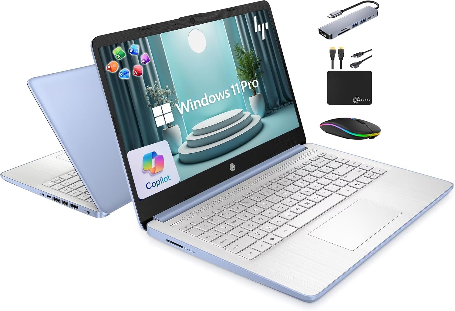 HP 14″ Laptop 2025 Business Student Slim Computer, Lifetime MS Office, Copilot AI, Quad-Core Intel CPU, 16GB RAM, 628GB Storage (128GB UFS+500GB Ext), MarxsolAccessory, Wi-Fi 6, Win 11 Pro, Sky Blue