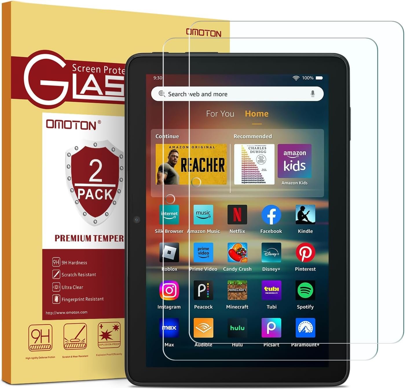 OMOTON Screen Protector for Amazon Kindle Fire HD 8/8 Plus/Kids/Kids Pro | Fire 8 2024/2022/2020, 12th/10th Generation-8 inch, Tempered Glass/9H Hardness/Case Friendly, 2 Pack
