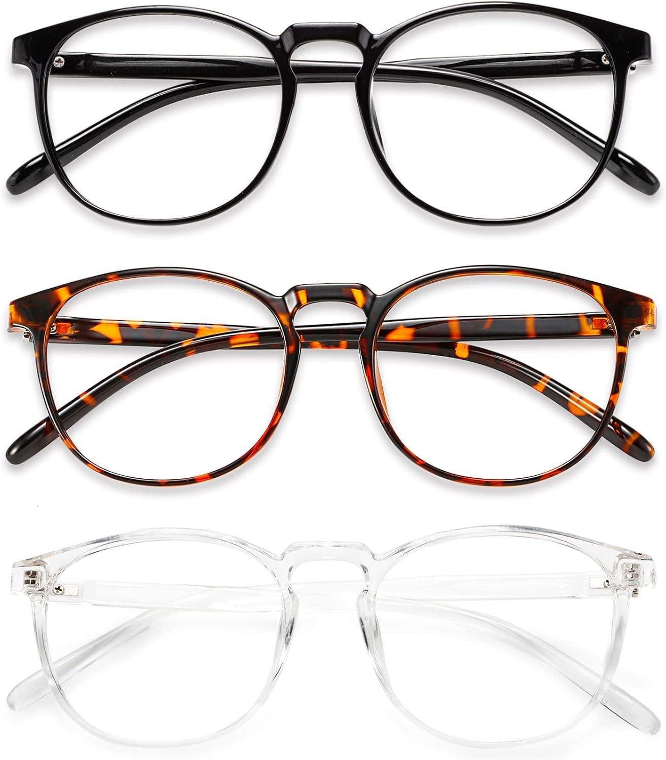 Przene Blue Light Blocking Glasses for Women Men Black/Transparent/Amber | Retro Round,Filter Blue Ray,Computer Gaming Glasses,Anti Eye Strain,Anti Glare,UV,3 Pack,Lightweight TR Frame,Watch TV,Phone
