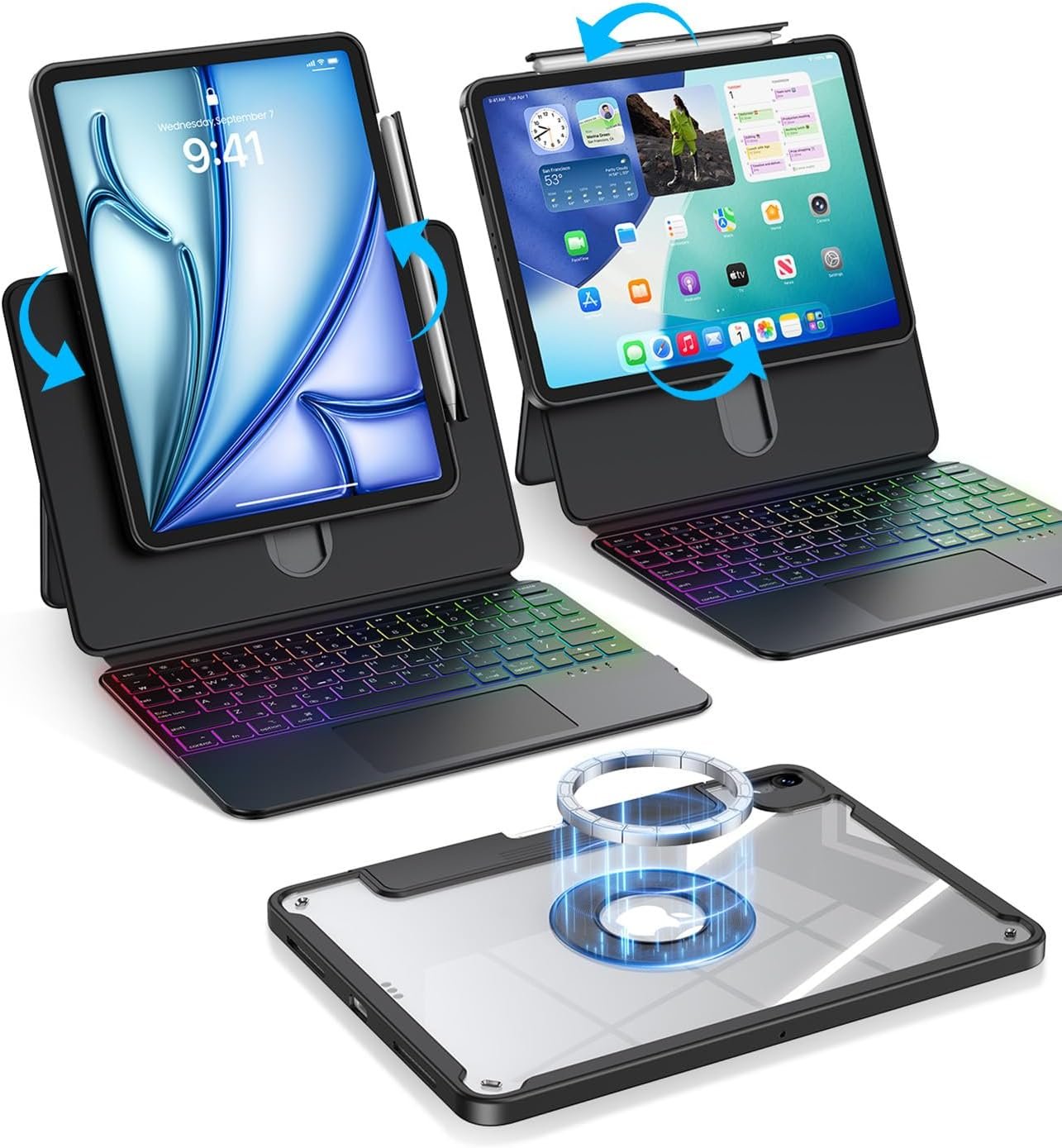 BLOSOMEET Clear Keyboard Case, iPad Air 13″(M4/M3/M2) & Pro 12.9″, Black | Detachable Magnetic Cover w/Pen Holder, Native Trackpad & Adjustable Stand