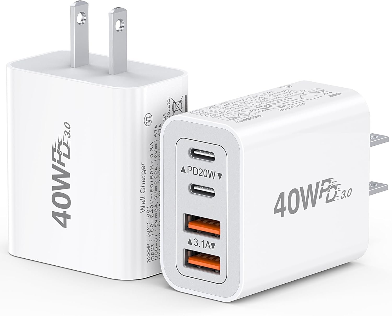 [2-Pack] 40W USB C Charger Cube, Wall Plug Fast Charging Block, 4-Port PD+QC Power Adapter Multiport Brick Type C Box for iPhone 17/16/15/14/13/12/11/Pro Max/XS/XR/8/7, Tablets, Samsung