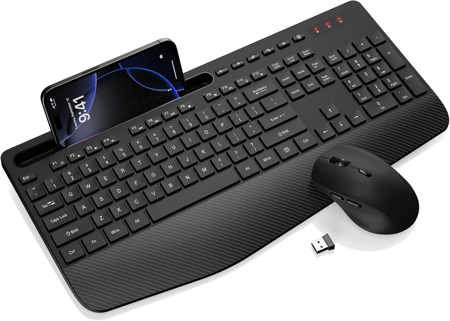 Wireless Keyboard and Mouse Combo – Full-Sized, Ergonomic Wrist Rest | Phone Holder, Sleep Mode, 2.4G Quiet Keyboard for PC Laptop, Trueque KM23 Complete Work Setup for Office or Home