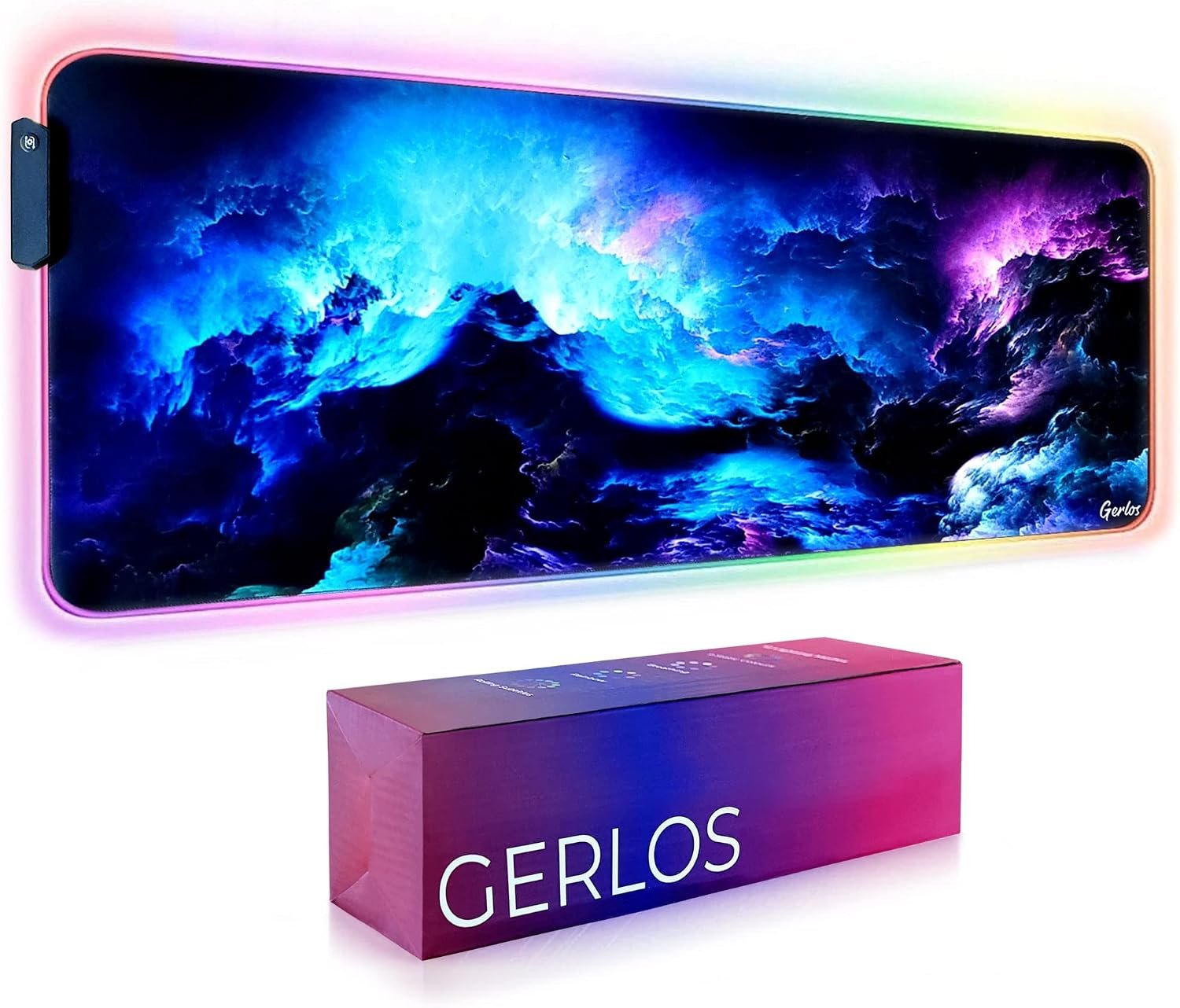 Gerlos RGB Gaming Mouse Pad, Large LED Desk Mat, 31.5 x 11.8 Inch | 12 light modes, non-slip base, water-resistant surface, stitched edges