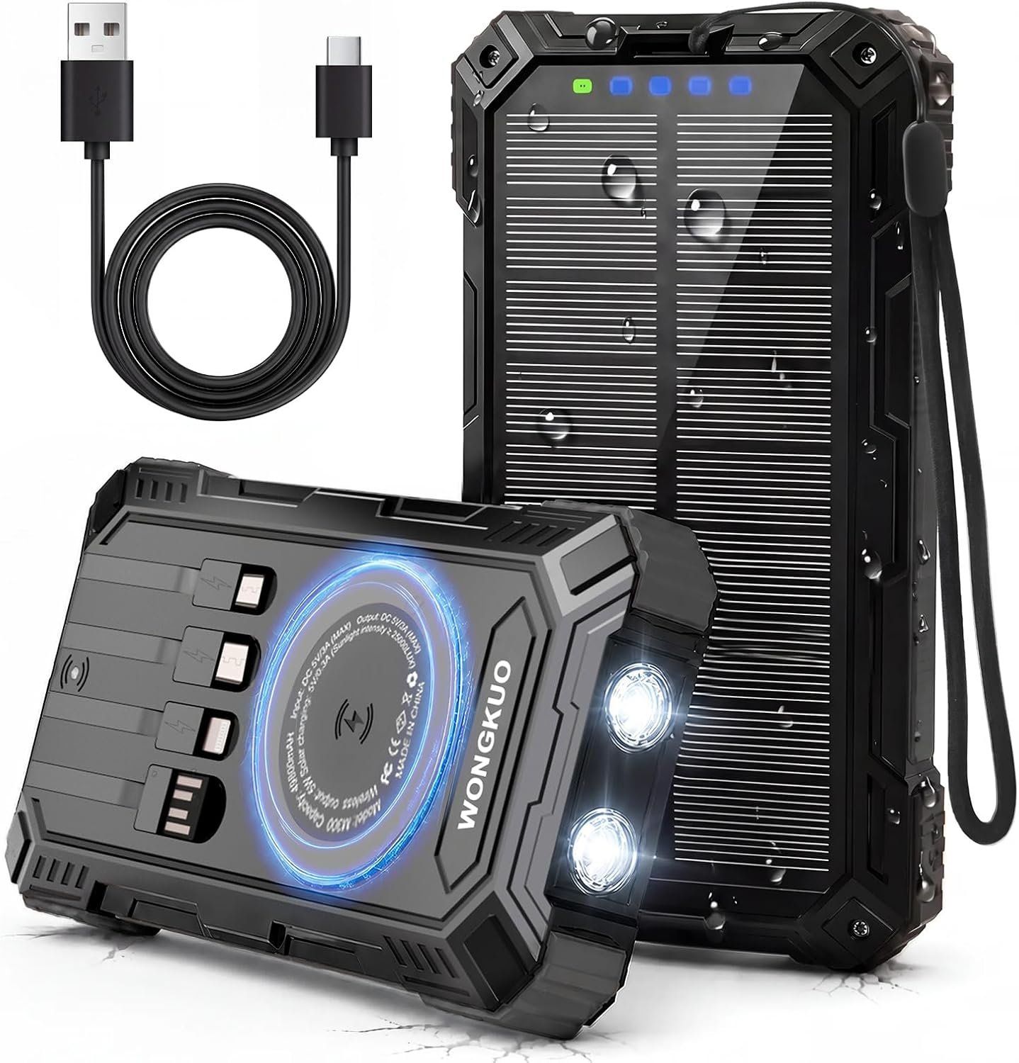 Solar Charger Power Bank – 49800mAh QC3.0 Fast Charging Portable Charger | 5V/3.1A Wireless Solar Battery Charger Built-in 4 Cables with USB C & Flashlight, Power 6 Devices for iPhone/Android (Black)