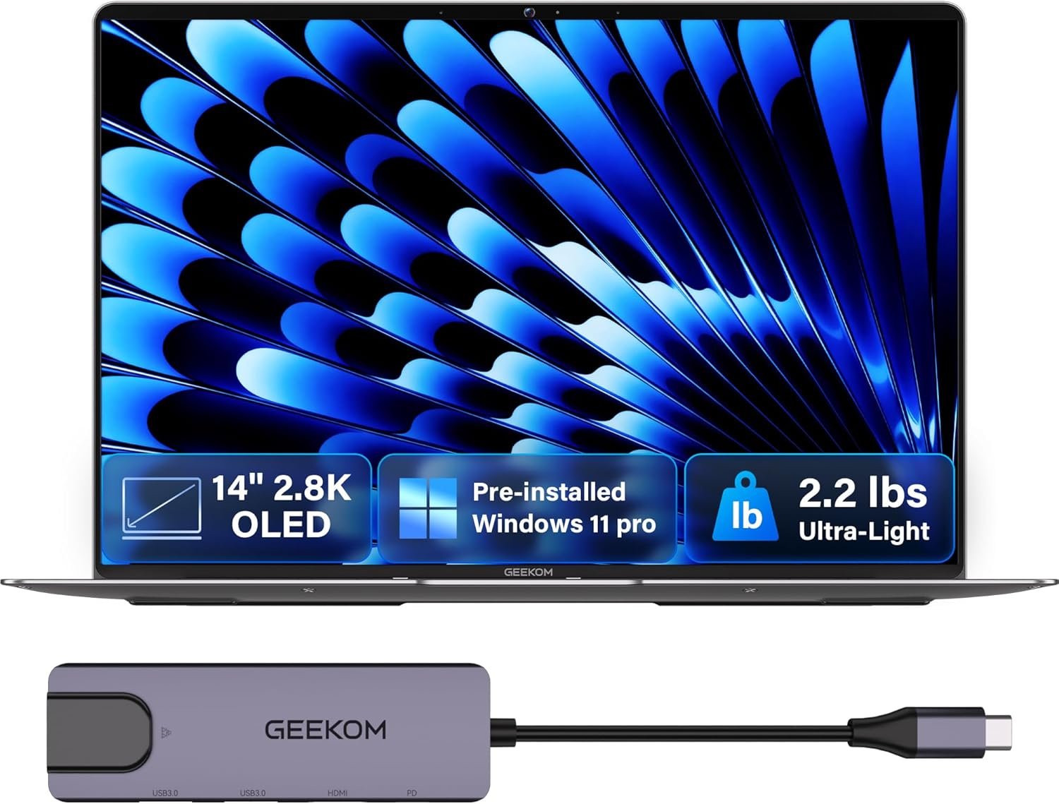 GEEKOM GeekBook X14 Pro Laptop, 2.2lbs Ultra Thin 14″ 2.8K OLED Laptop Computer, Ultra 9 185H, 32GB LPDDR5x 7500MHz RAM 1TB SSD, Up to 16 Hour, 2X USB4, Fingerprint, Hub, Copilot, Windows 11 Pro