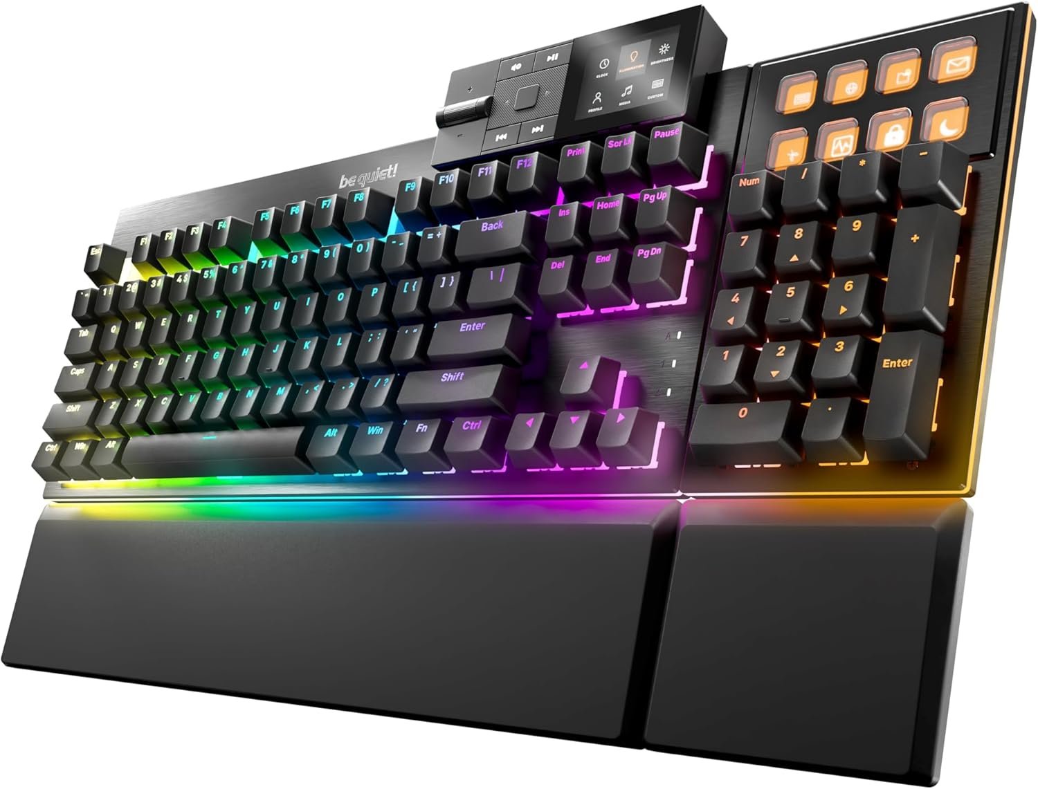 be quiet! Dark Mount Tactile, Gaming Keyboard, Mechanical Silent Switches | Hot-Swappable Numpad and Media Dock, Triple-layered dampening, 8 customizable Display Keys, PBT Double-Shot Keycaps, ARGB