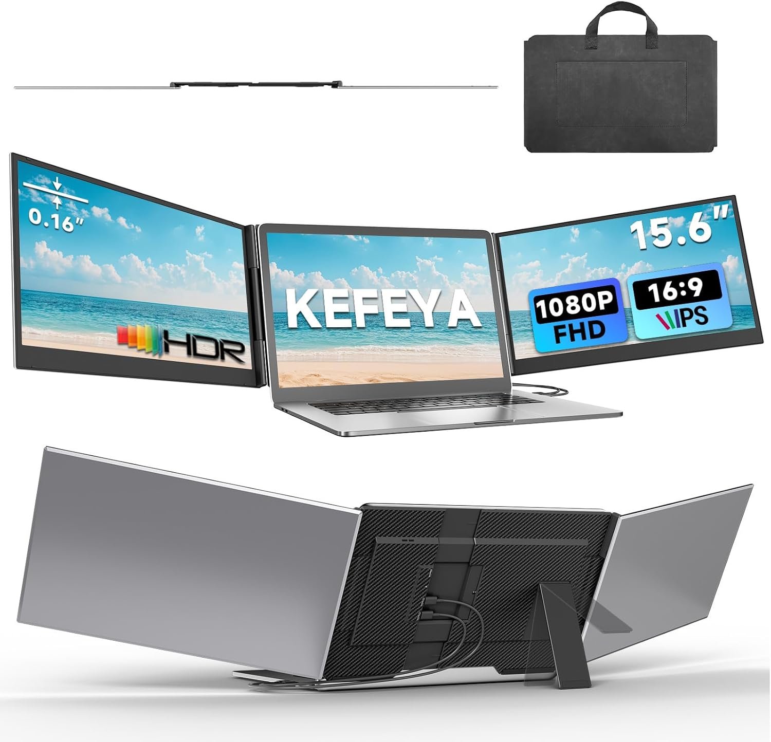 KEFEYA Laptop Screen Extender 15.6″, 1080P FHD IPS Ultra-Slim Triple Portable Monitor for Laptop 12-17.3″, Eyes Care HDR Travel Monitor, USB-C/HDMI Plug-Play Monitor Extender for macOS/Win and Phone