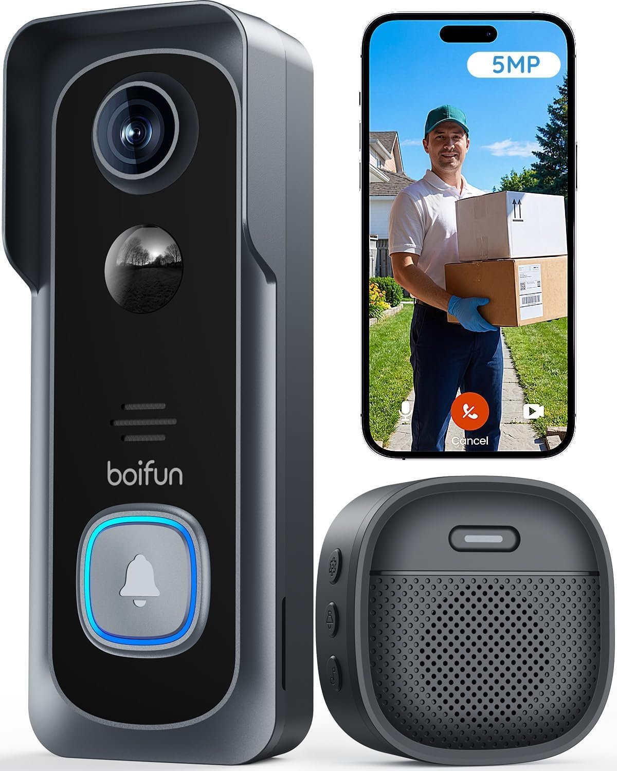 BOIFUN 5MP Video Doorbell Camera Wireless – Sharper Than 2K, No Subscription, 166° Wide View, HDR Night Vision, Smart Human Detection, Two-Way Audio & Battery Doorbell with Chime, 2.4 GHz Wi-Fi Only