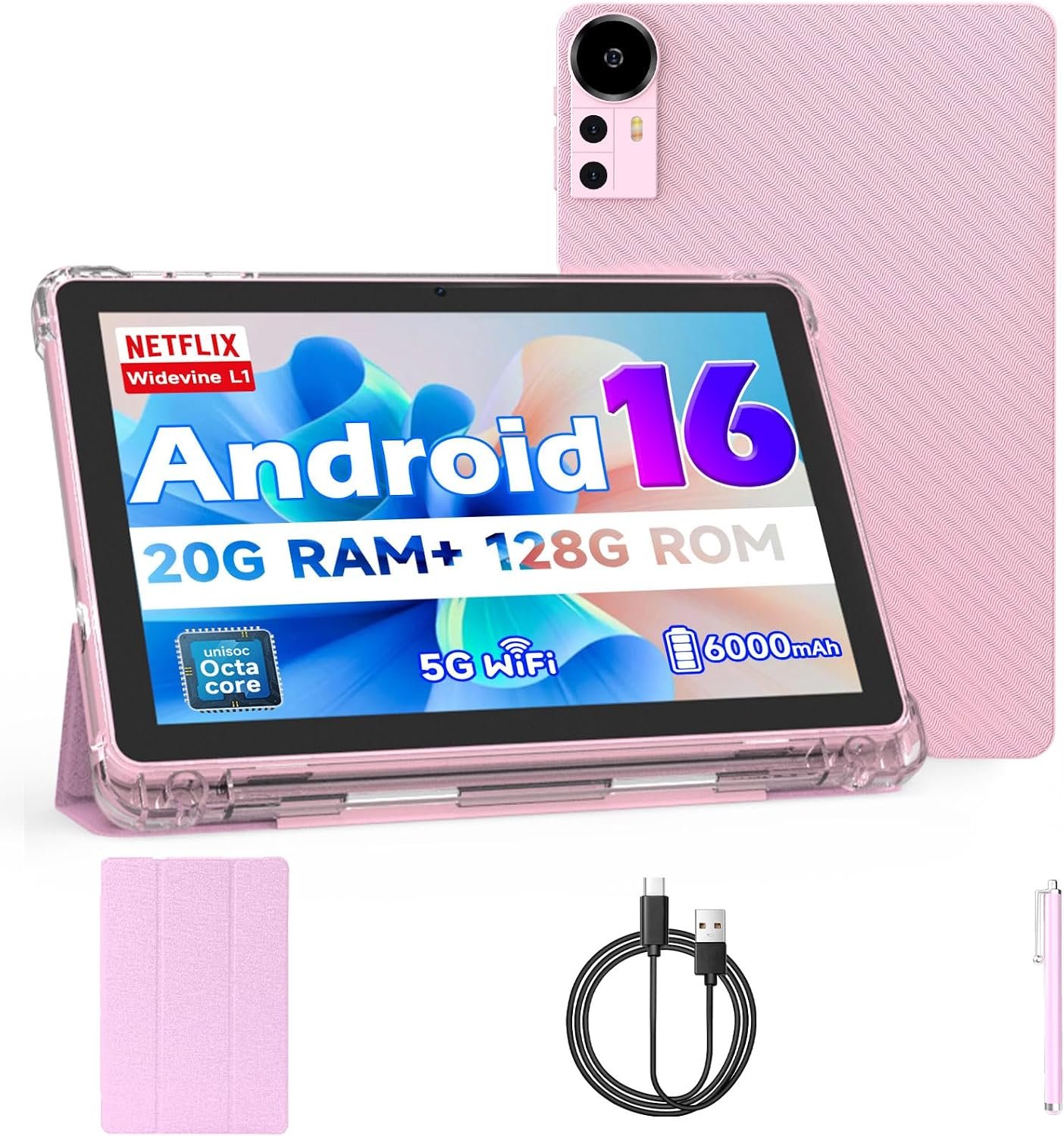 Android 16 Tablet 10 inch Tablets, 20GB RAM 128GB ROM 2TB Expand, 2.0Ghz CPU Octa-Core Processor Tablet PC with Case and Stylus, 5G WiFi6, BT5.0, 6000mAh Battery, Dual Camera, Widevine L1, GMS, Pink