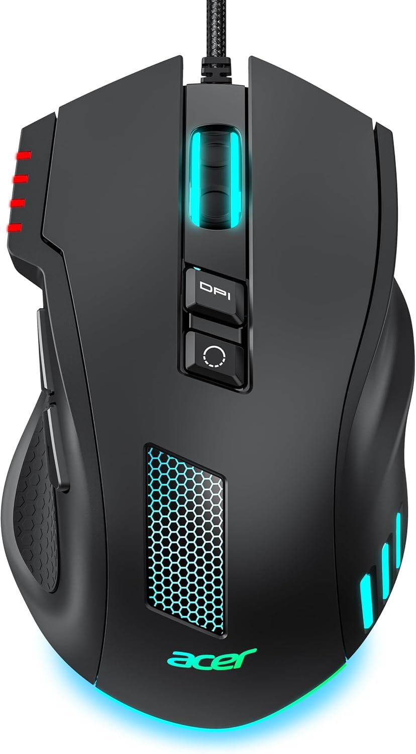 Acer Wired Gaming Mouse, 12,800 DPI RGB Ergonomic Computer Mouse for PC | Optical Sensor, 8 Programmable Buttons, 12 Backlit Modes, Software for DIY Keybinds, Rapid Fire, USB Mouse for Laptop