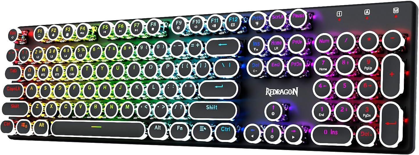 Redragon Wireless Typewriter Style Mechanical Gaming Keyboard, Bluetooth/2.4Ghz/Wired, RGB Backlit, Rechargeable, Blue Switch – Clicky, Metal Panel, Round Keycaps, Black