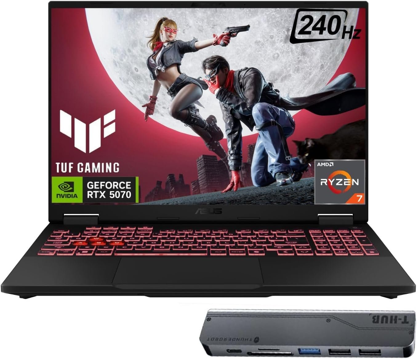ASUS TUF A18 RTX 5070 Gaming Laptop, 18″ WQXGA 240Hz Display, AMD Ryzen 7 260, 64GB RAM, 2TB SSD, RGB Backlit KB, Bundle with Thunderobot 7-in-1 USB-C Hub, Holiday Edition, Grey, Win 11 Pro
