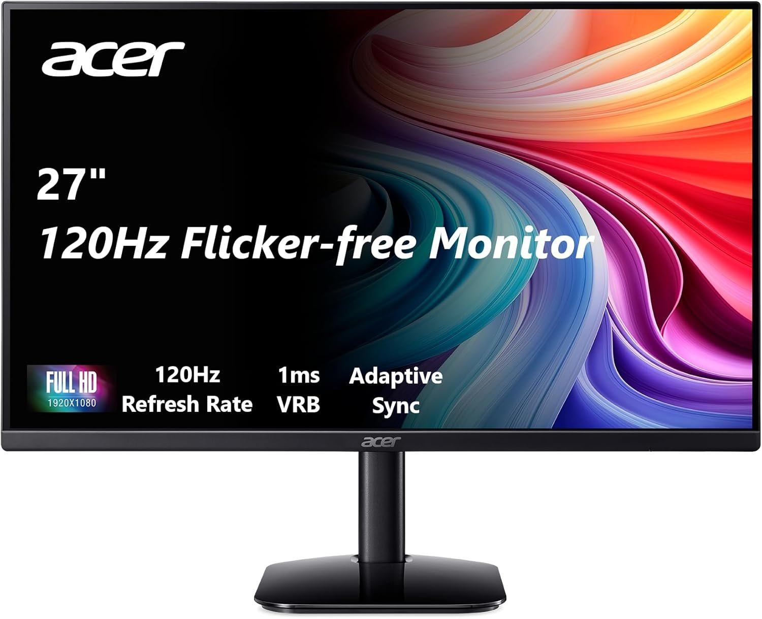 Acer 27 Inch Monitor- KB272-27 Inch FHD IPS (1920 x 1080) Display, Up to 120Hz Refresh Rate, 99% sRGB, Tilt, Adaptive-Sync Support (FreeSync Compatible) 1ms (VRB), sRGB 99% Color, HDMI & VGA Ports