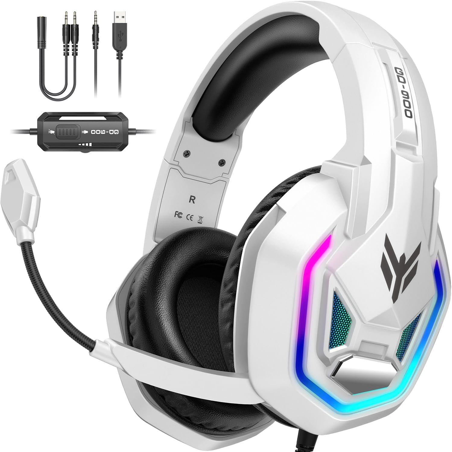 YPBDAN Gaming Headset for PS5, PS4, Xbox Series X|S, Xbox One, PC, Switch, Mac – RGB Over-Ear Headphones with 7.1 Surround Sound, Noise Cancelling Mic, 50mm Drivers & Memory Earmuffs for Nintendo 64