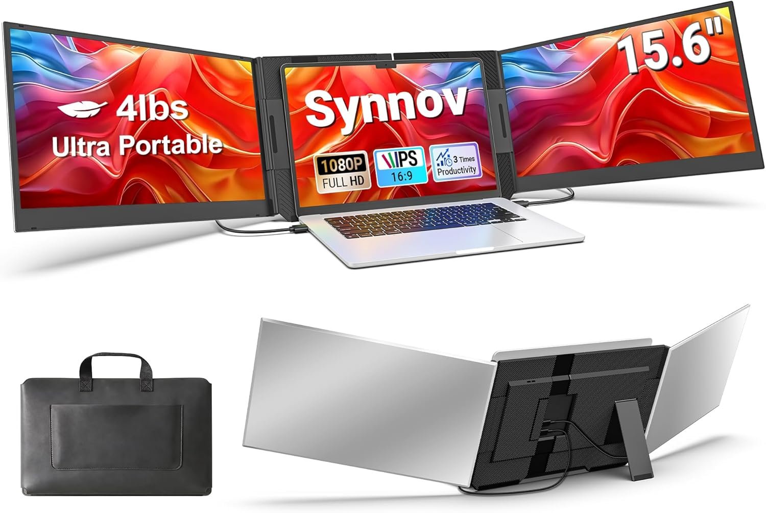 Synnov 15.6“ Laptop Screen Extender, 1080P FHD Ultra Light & Portable Triple Monitor for Laptops, Fit for 12″-17.3″ Laptops, Plug & Play Travel Monitor Extender Compatible with Wins/MacOS/Chrome