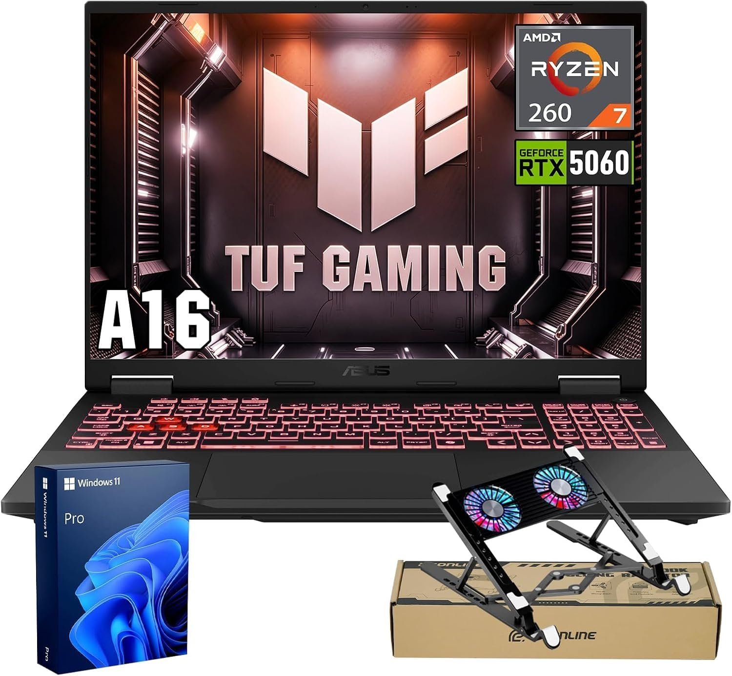 ASUS TUF A16 AMD Ryzen 7 260 RTX 5060 Gaming Laptop, 64GB RAM, 2TB SSD | 16″ FHD+ 165Hz Display, RGB Backlit KB, HDMI, Windows 11 Pro, w/Bundle