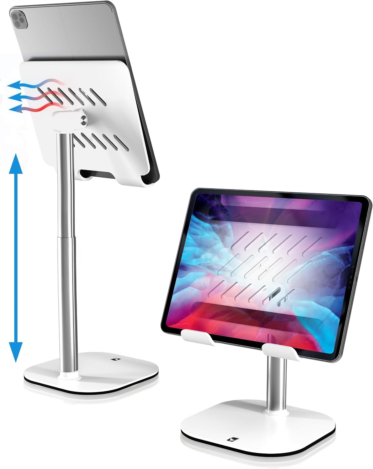 COOPER TabHolder, 7-10″ Height Adjustable Tablet Stand, Premium iPad Stand for Desk, 270° Tilt iPad Holder, Kindle Holder, 15.6-17″ Portable Monitor Support (White)