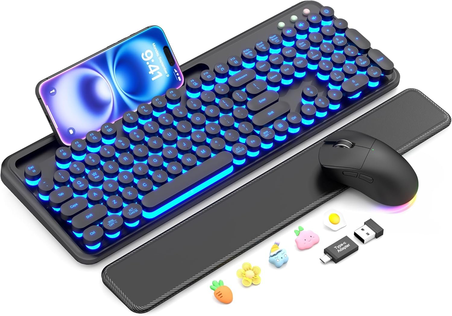 Wireless Keyboard and Mouse, Backlit Typewriter with Magnetic Wrist Rest | Phone Holder, Light Up Round Keycaps, Lighting Mouse, 2.4GHz Cordless Set for Mac, Windows, PC, Laptop, SABLUTE