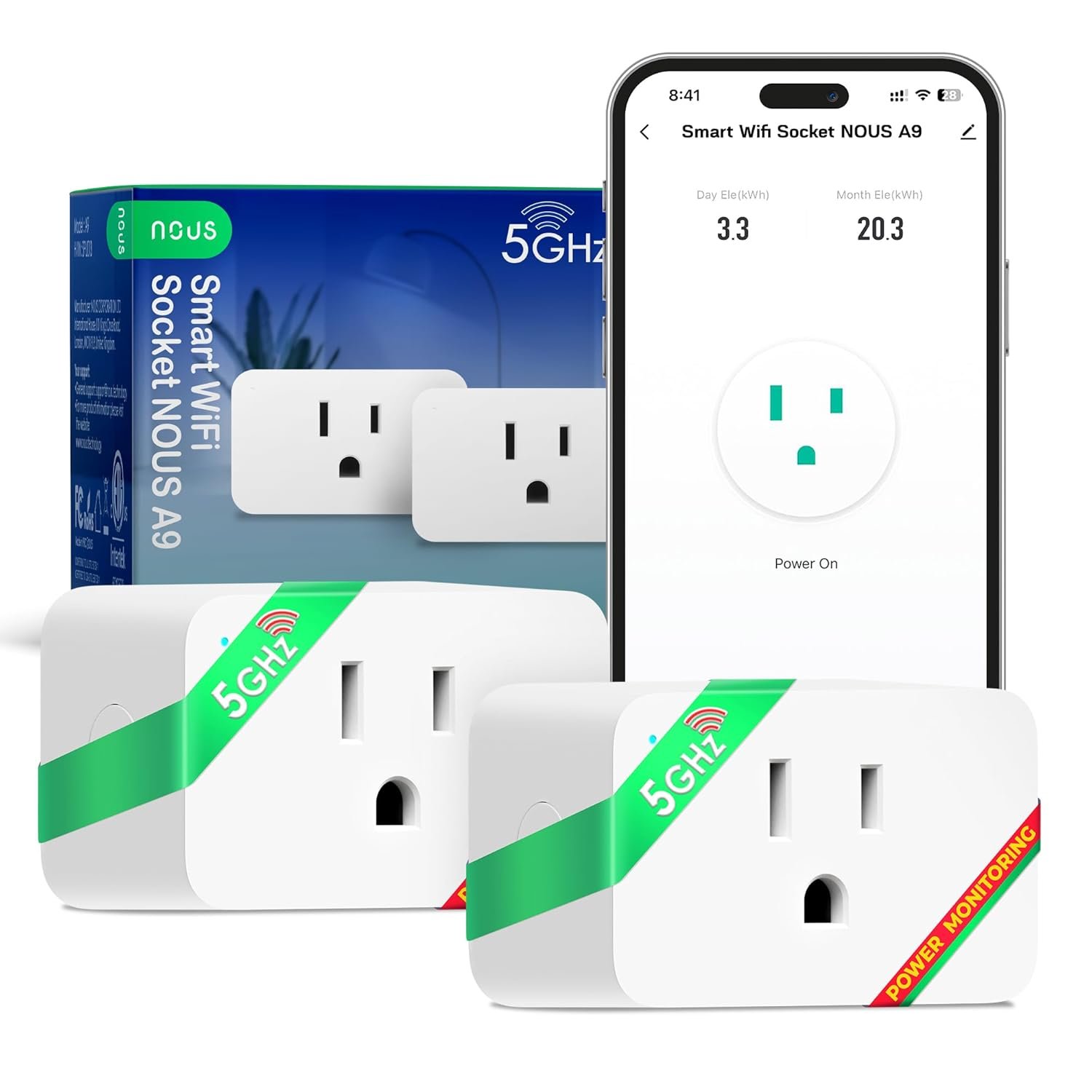 NOUS Wi-Fi Smart Plug 15A, Dual-Band 2.4GHz & 5GHz, Energy Monitoring, Compatible with Alexa, Google Home, Tuya Smart App, Remote Control, Timer, Compact Design, Smart Outlet, 2 Pack