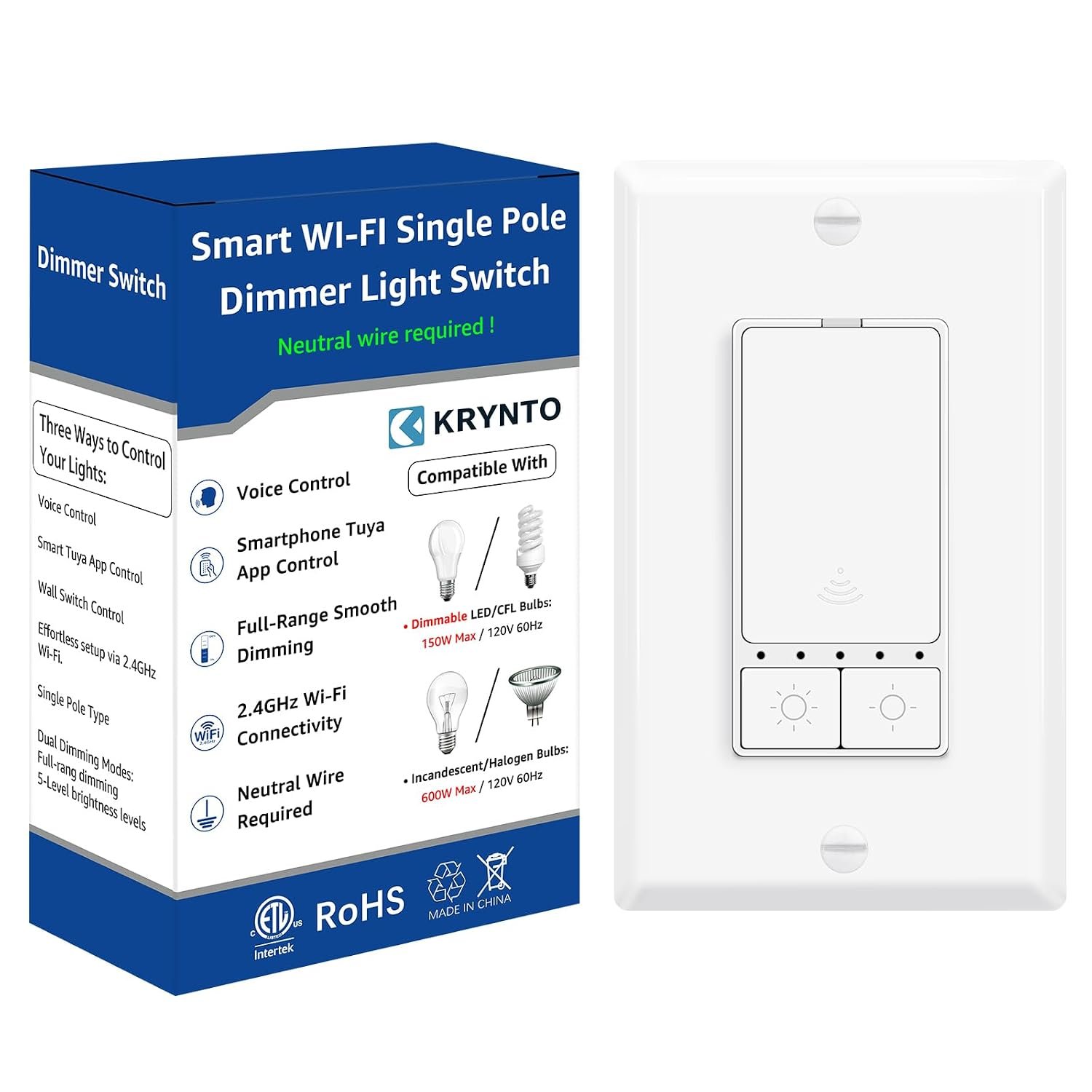 Smart WiFi Dimmer Switch for Alexa & Google Home, Tuya No Hub Single Pole, 1 Pack-2.4GHz Smart Light Switch with Neutral Wire Required, 150W LED/CFL 600W Incandescent Max, ETL/FCC Listed White