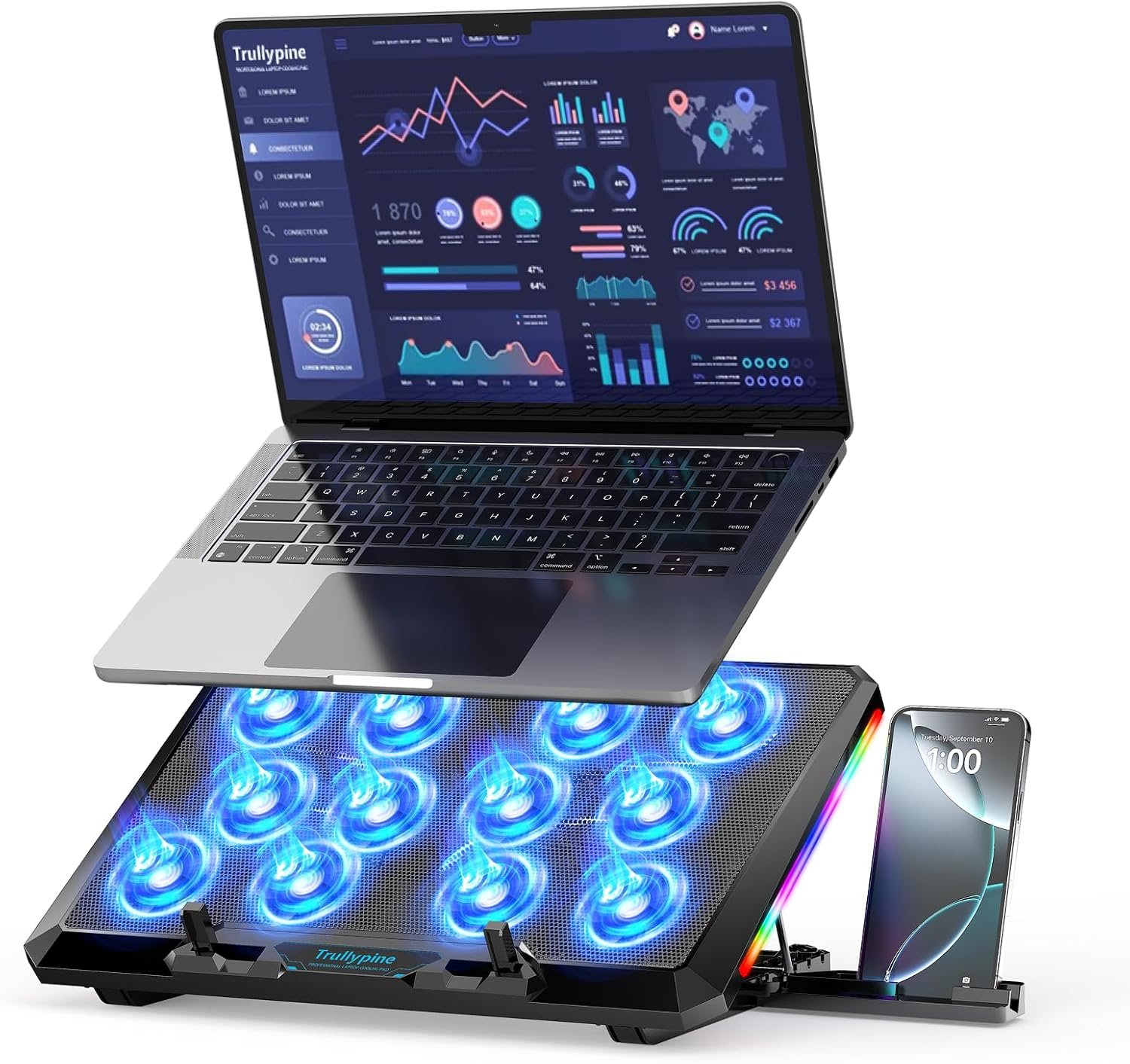 Laptop Cooling Pad with 12 Quiet Fans, Slim Portable for 12-17.3 Inch Laptop Cooler Stand with 5 Height Adjustable, Ergonomic Gaming Cooling Fan Pad with Two USB Ports & Phone Holder (Gear)