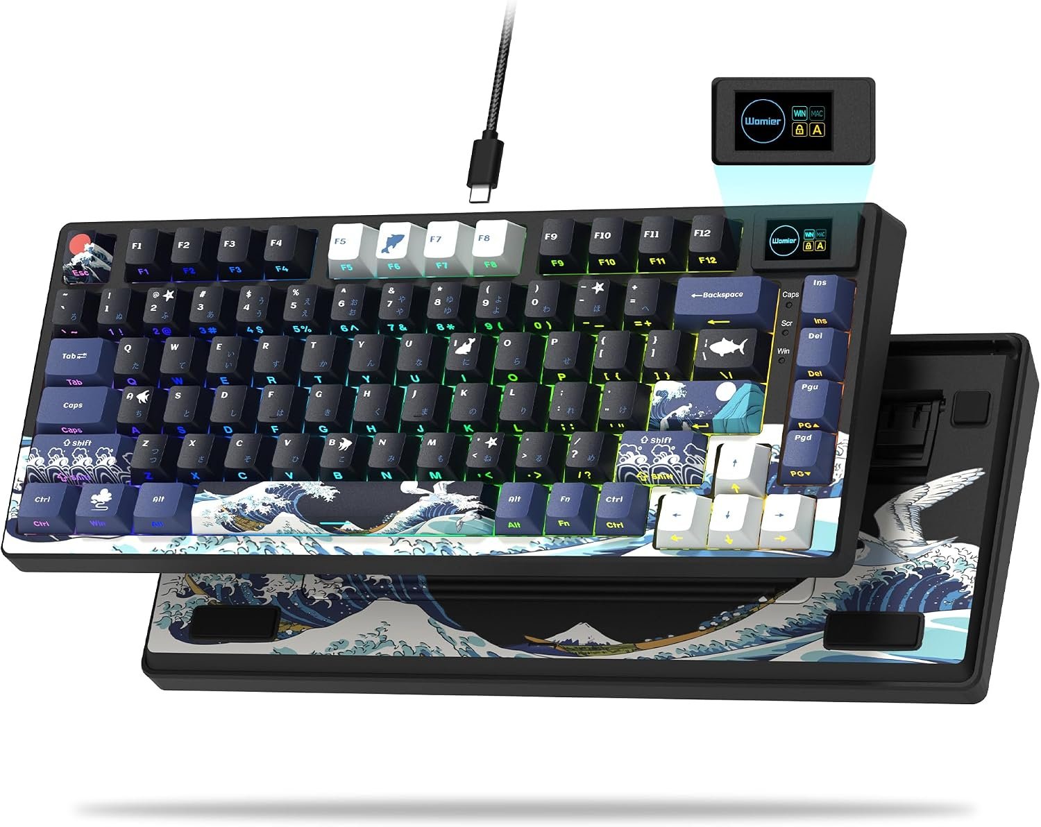 Womier SK80 75% Keyboard with Color Multimedia Display Gaming Keyboard | Creamy Sound Mechanical Wired Hot Swappable Gasket RGB Custom Key board, Pre-lubed Stabilizer for Mac/Win, Black Kanagawa