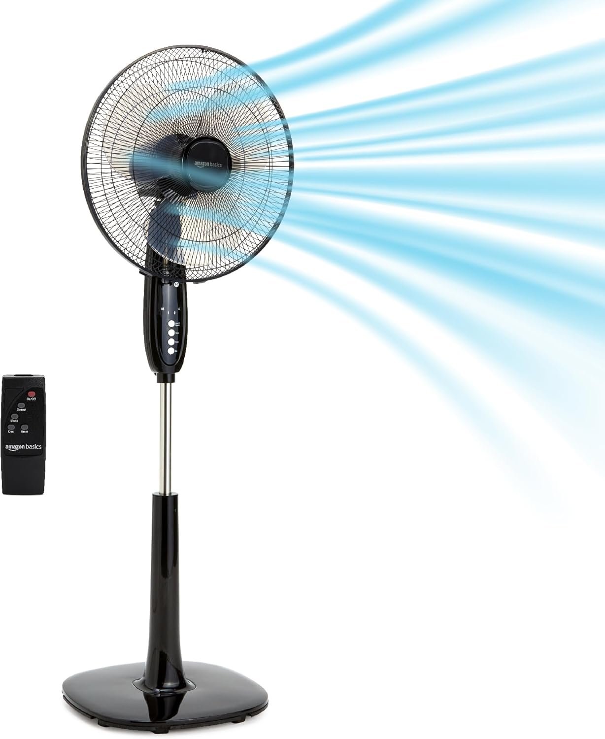 Amazon Basics 16″ Pedestal Fan with Remote for Bedroom, Living Room, Office, Adjustable Height, Dual-Layered Blades, 3 Speeds, 3 Modes, Timer, Tilt Head, 60W, Black