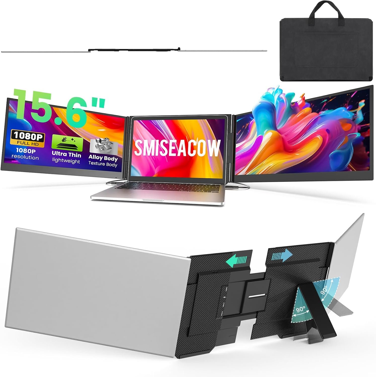 SMISEACOW Laptop Screen Extender Triple 15.6″, 1080P FHD IPS 0.18″ Ultra-Slim & 3.9 lbs, Plug-Play Portable Monitor for Laptops Fits 12-17.3″ Laptops, Compatible with Win/Mac/Android