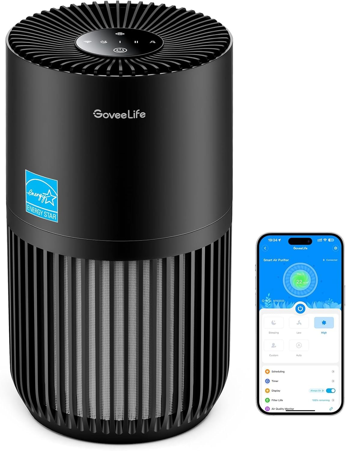 GoveeLife Smart Mini Air Purifier for Bedroom, with App & Alexa Control | HEPA Filter, Portable Air Cleaner with 3 Speeds, 2 Modes, Aroma for Pet Hair, Odors, Pollen, Home, Black