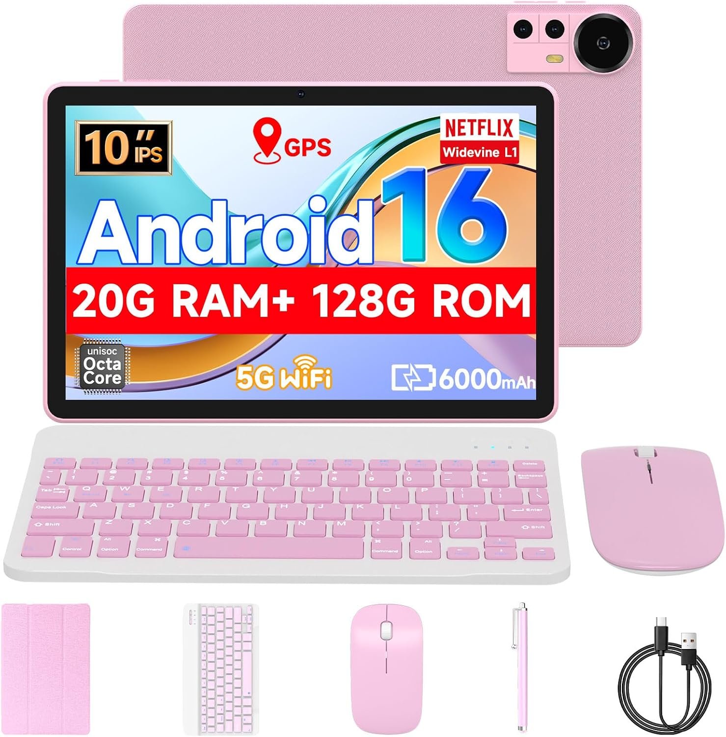 Tablet 10.1Inch Android 16.0, RAM 20GB(4+16Expand)+ROM 128GB, 6000mAh Battery, 2+8MP Dual Camera, 1280 * 800 IPS HD Touch Screen Tab PC Set with Keyboard+Mouse+Protective Case+Stylus (Pink)