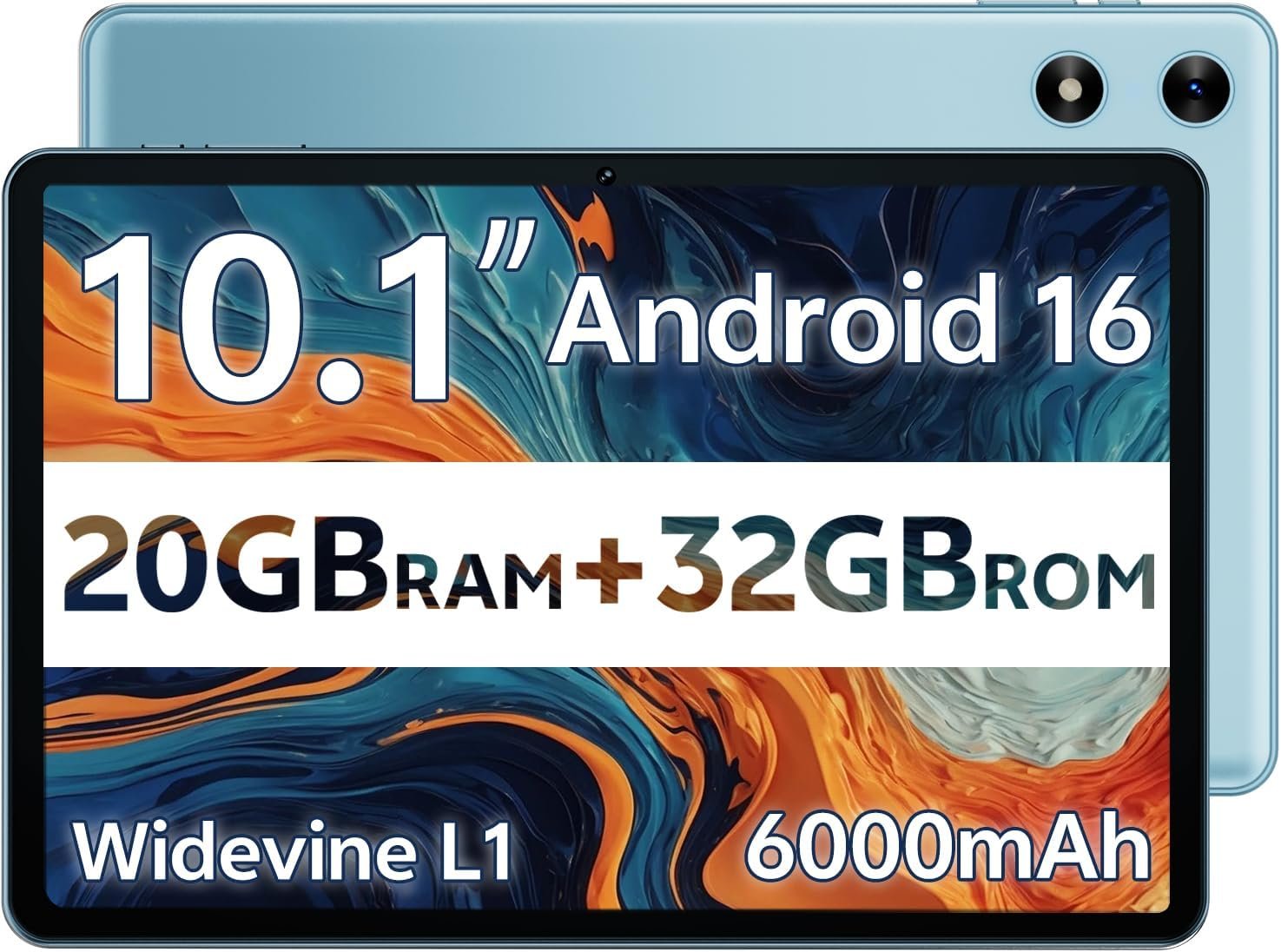SVITOO Android Tablet 10 Inch, Android 16 Tablet, 20GB RAM 32GB Storage 1TB Expandable, Dual Cameras 8MP 2MP, 6000mAh Dual Speakers WiFi 6, Blue