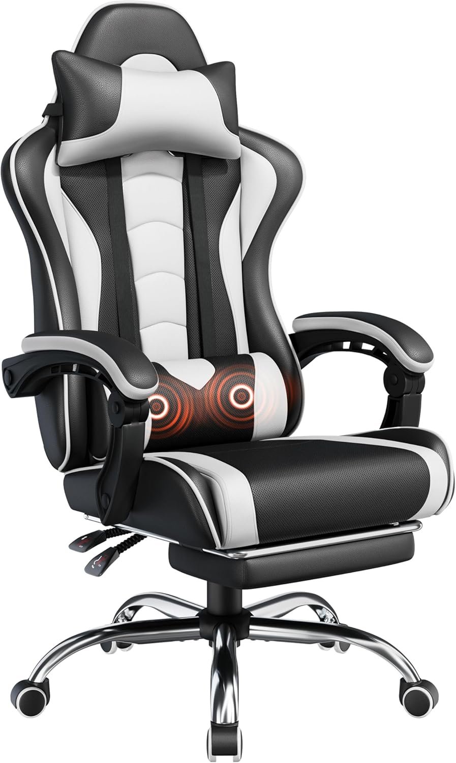 Yaheetech Gaming Chair with Electric Massage Lumbar Support, Footrest & Headrest — Ergonomic High Back Recliner for Home Office, Computer Desk Chair, Height Adjustable, 300 lbs, Black/White