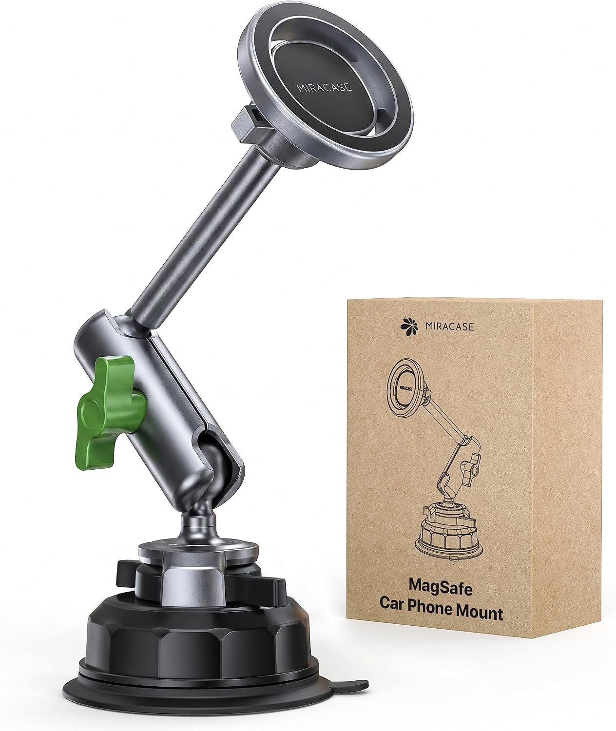 Miracase Heavy Duty Aluminum Alloy Car Phone Holder for Magsafe, CNC Machined Metal Arm w/Friction Lock Joint & Large Vacuum Suction Cup, 360° Rotatable Windshield Holder for iPhone & All Smartphones
