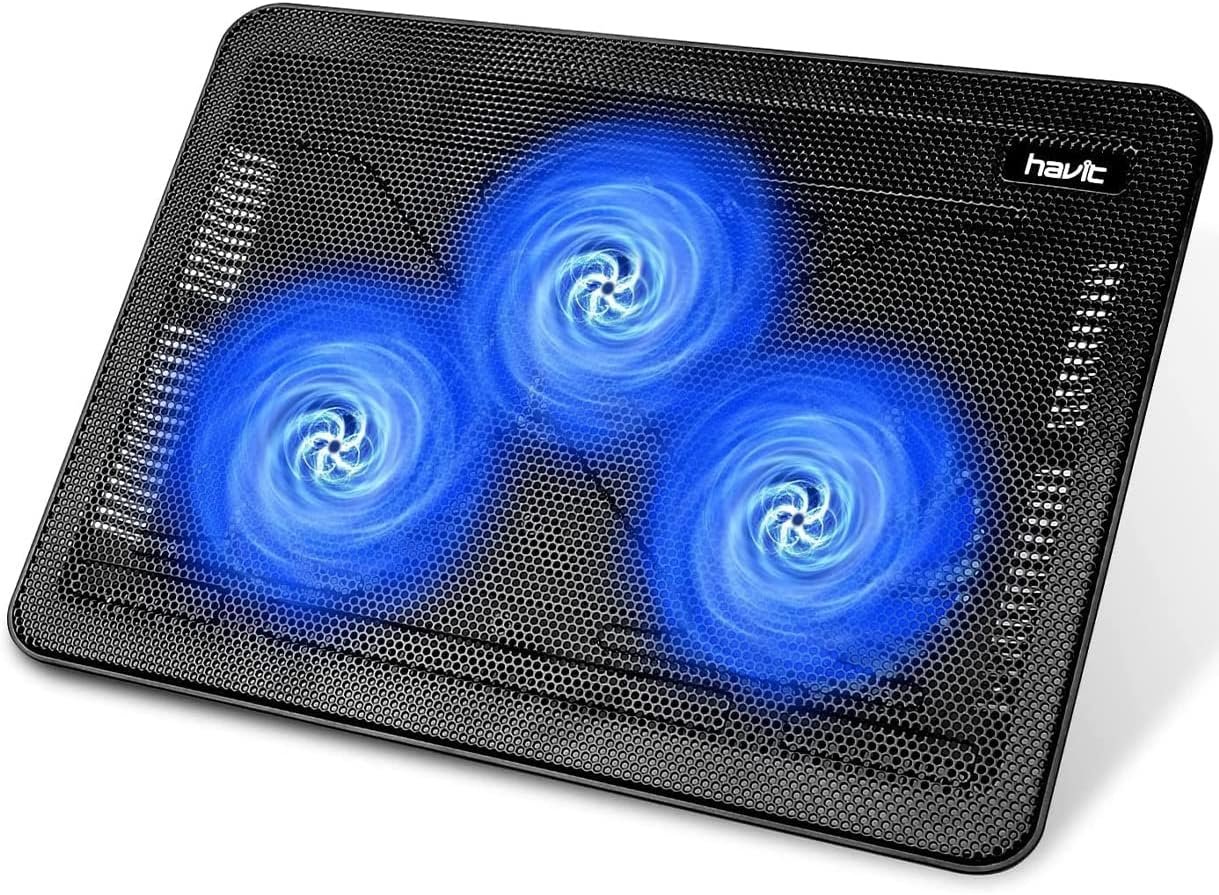 havit HV-F2056 15.6″-17″ Laptop Cooler Cooling Pad – Slim Portable USB Powered (3 Fans), Black/Blue | Three quiet USB-powered fans circulate air below the laptop, two height settings improve viewing and typing comfort
